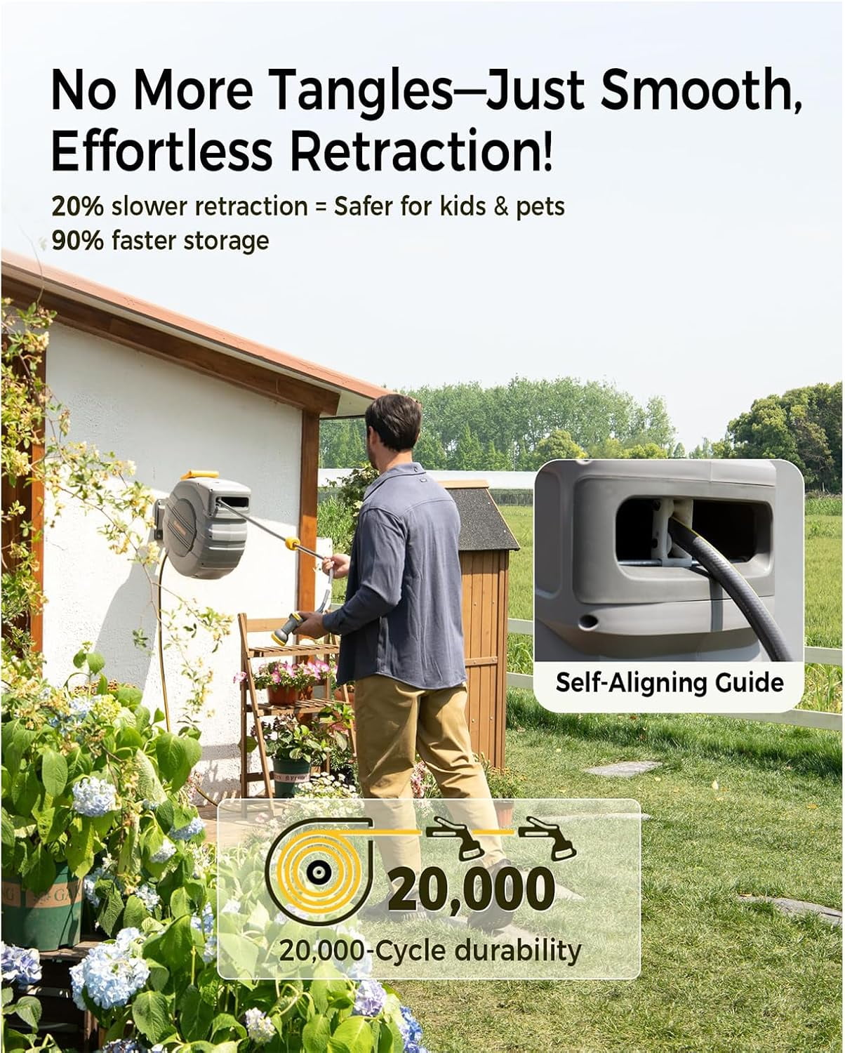 Retractable Garden Hose Reel 5/8 in x 100 ft Upgraded UV Resistant Heavy Duty Automatic Hose Reel Wall Mount 3/4 in Brass Fitting 9 Pattern Nozzle Any Length Lock Slow Retraction 180° Swivel