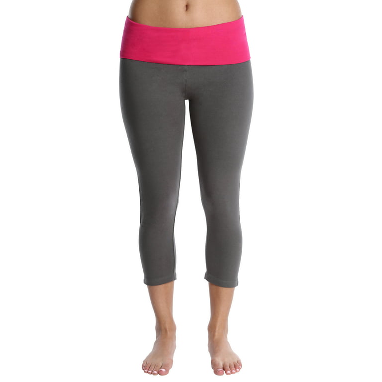 Blis Women Yoga Workout Legging Capri Pant with Foldover Color Waistband  Standard Plus and Maternity Grey and Hot Pink Size Medium 