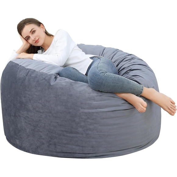 Bingirl 4 FT Velvet Bean Bag Chair: Grey Giant Foam - Filled Lazy Chair for Living Room or Bedroom