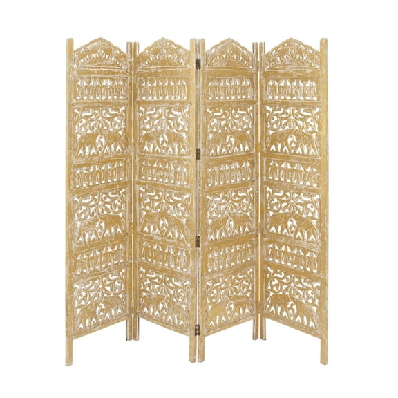 DecMode 80" x 72" Gold Wooden Scroll Handmade Foldable Partition 4 Panel Room Divider Screen with Carved Elephant Accents, 1-Piece