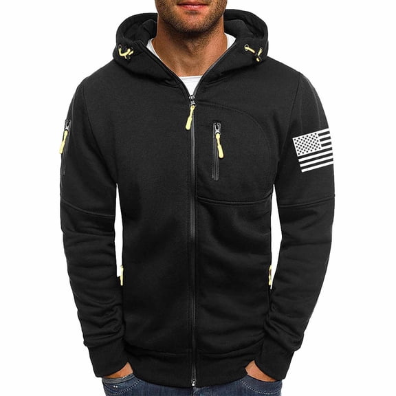 ZVNAΖH Men Hoodies with Zip Pockets Full Zip Long Sleeve Sweatshirt Sports Hooded Jacket US Flag Print Outwear