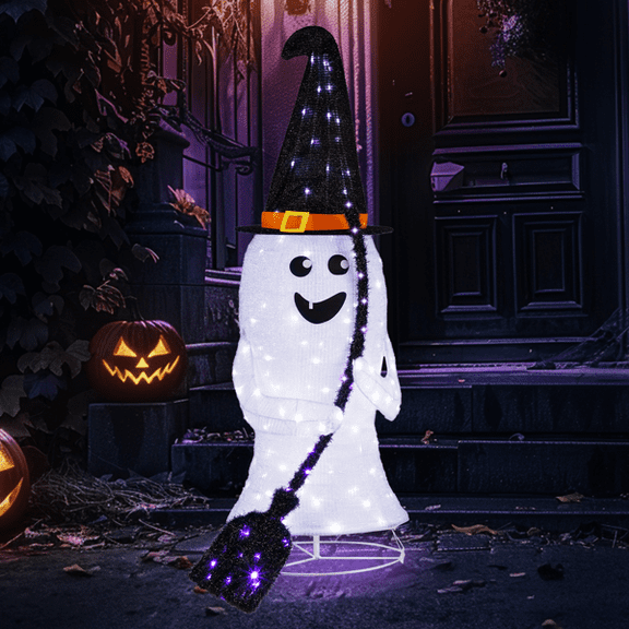 Alvantor 4 ft Lighted Pop-Up Ghost Halloween Decoration with Witch Hat, Broom and 135 White and Purple LEDs, Black and White