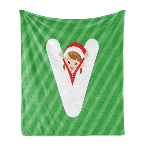 Christmas Alphabet Soft Flannel Fleece Blanket, Demonstration of Letter V and a Silhouette with Hands Up, Cozy Plush for Indoor and Outdoor Use, 50" x 60", Green Dark Coral and White, by Ambesonne