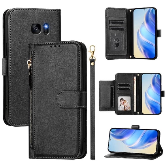 Filp Case for Samsung Galaxy S7 edge Zipper Pocket Magnetic Flip Wallet Phone Case with 7 Card Slots and Wrist Strap