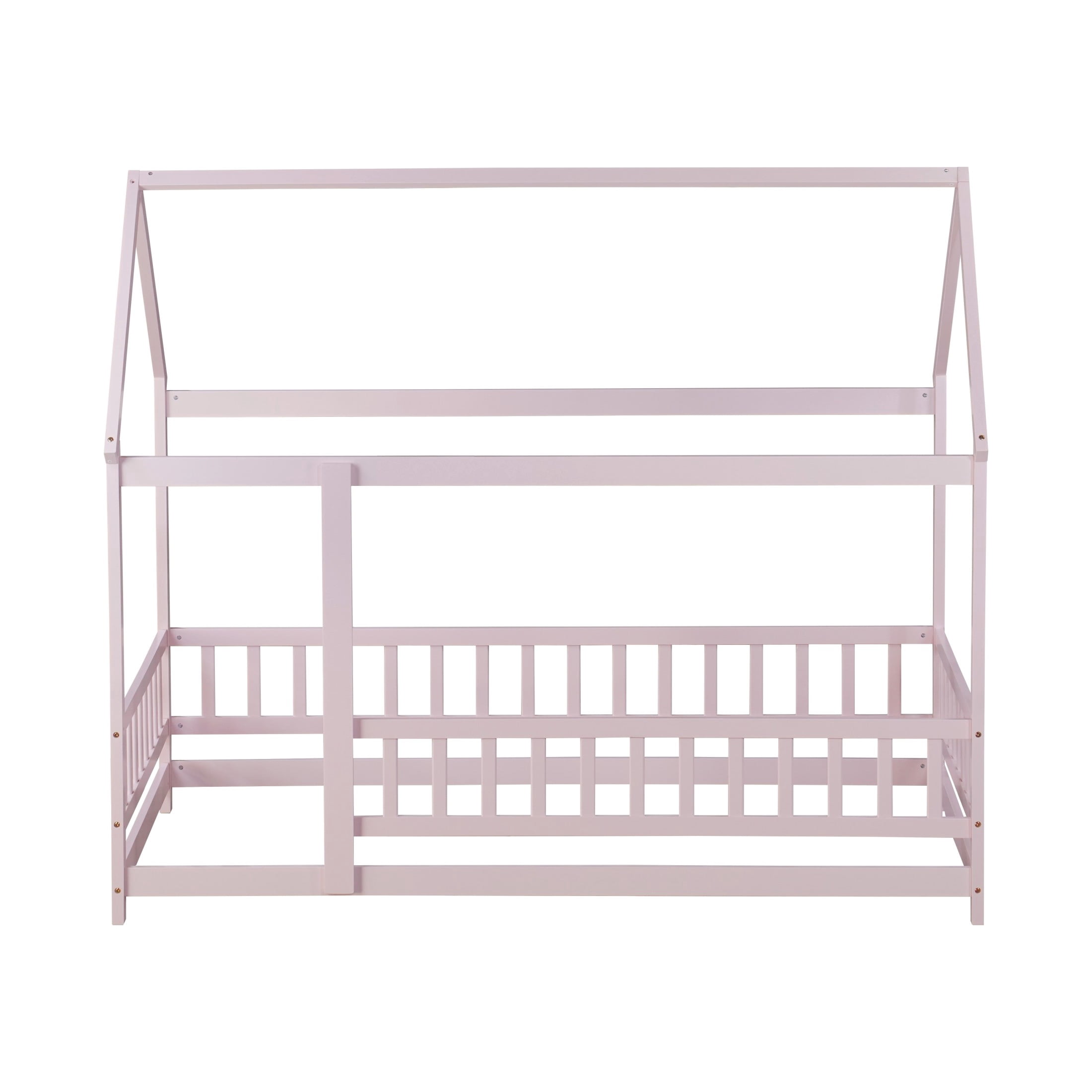 Noble House Travis Twin House Floor Bed with Roof Frame and Safety Fence, Sturdy Wood Montessori Bed, Pink