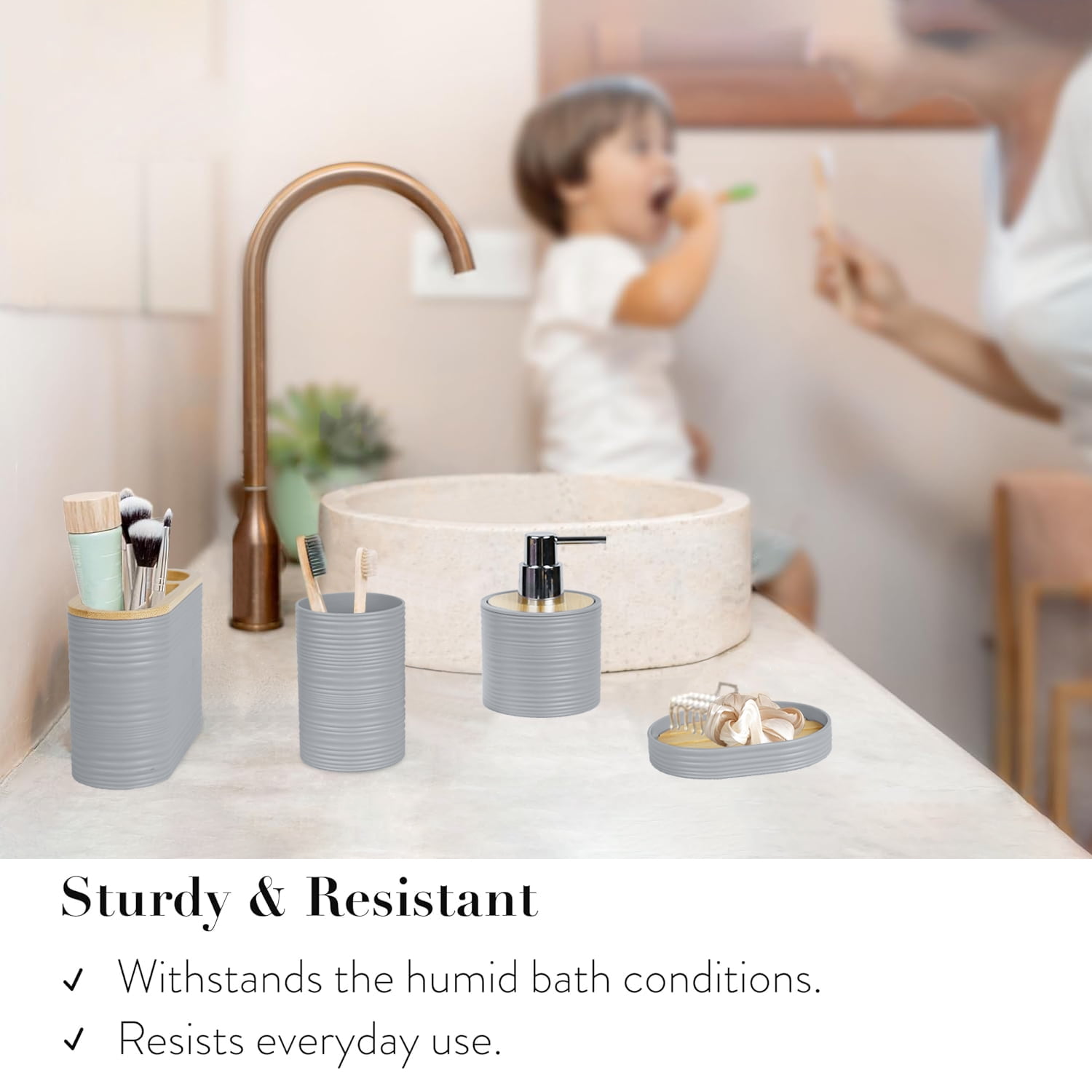 CERBIOR Bathroom Accessories Set 6 Pcs Bathroom Set Ensemble Complete Soap Dispenser Toothbrush Holder Tumbler Soap Dish Toilet Cleaning Brush Trash Can, Grey