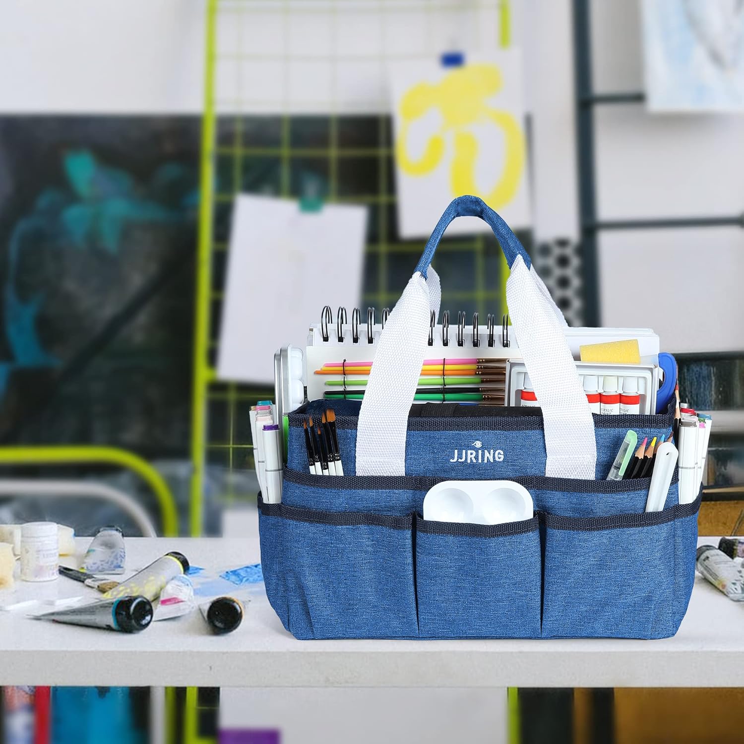 LAVFOX Craft Organizer Tote Bag, Multi-Pocket Art Storage Caddy Bag for Sewing, Scrapbooking, and Drawing, Portable Desktop Utility Organizer for School, Medical, and Office Supplies, Classic Blue