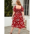 thumbnail image 4 of Robe Décontractée Grande Taille pour Femmes, Imprimé Floral, Froncée, Bord Laitue, Manches Bouffantes, Encolure Carrée, Légèrement Extensible, Robe Midi, 4 of 7