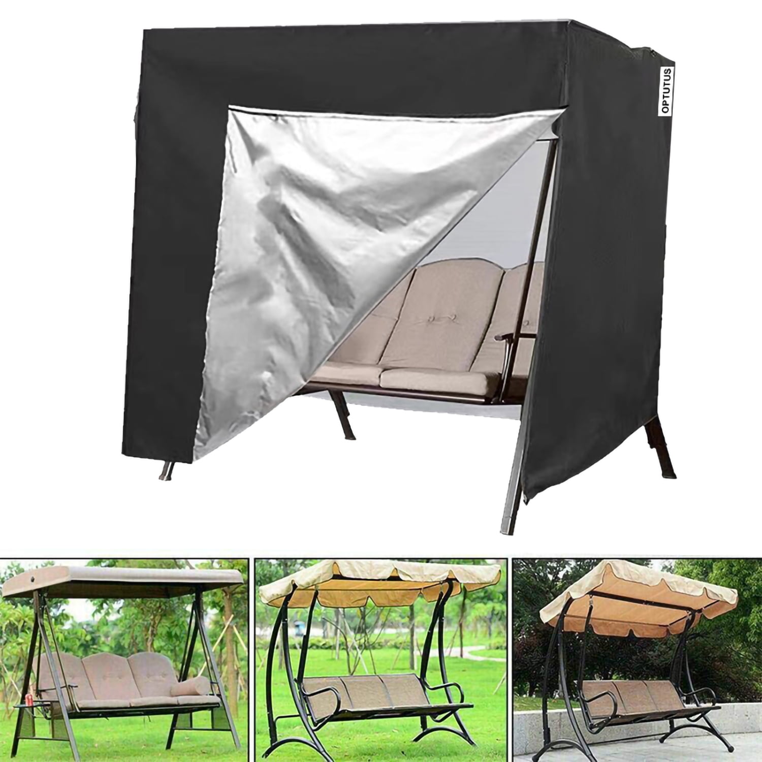 OPTUTUS Outdoor Swing Cover 3 Seater Hammock Cover, Waterproof Patio Bench Swing Cover for 87 inch Garden Glider Swing Canopy Black