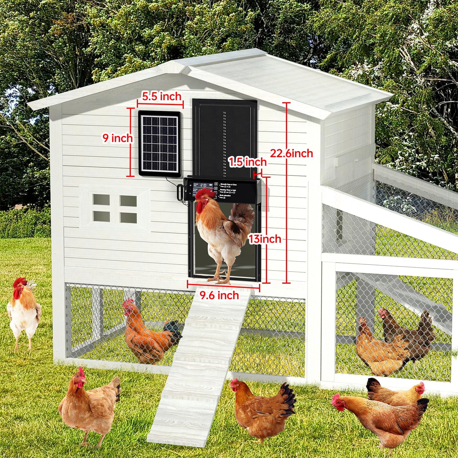 Automatic Chicken Coop Door Solar Powered, LCD Display Automatic Chicken Door with Timer & Light Sensor, Aluminum Alloy Chicken Door with Remote Control & 4 Modes Automatic Chicken Door Solar