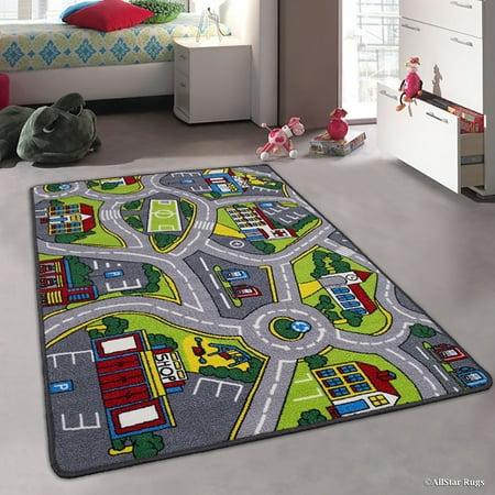 Allstar Kids / Baby Room Area Rug. Street Map with Light Blue Vibrant Colors (3' 3