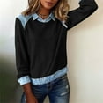 thumbnail image 5 of Women's Denim Patchwork Lapel Pullover, Casual Contrast Stitching Sweatshirt, Comfortable Knit Blouse, Fashion Collar Shirt, Streetwear Style Tops Black XXXL, 5 of 8