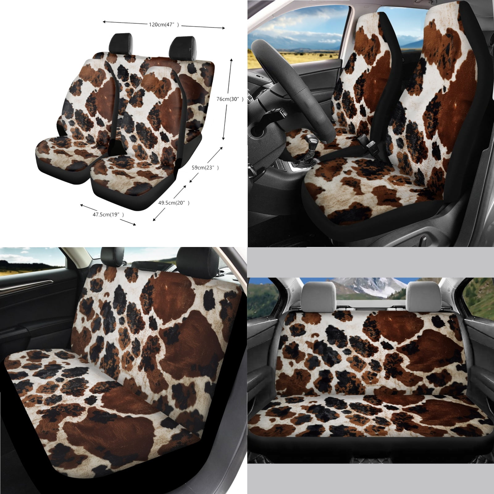 Jeiento Brown Cow Print 14 PCS Car Seat Cover Full Set with Steering Wheel Cover Seat Belt Covers Trash Can Rear View Mirror Cover Center Console Cover Cup Coasters Handbrake Cover Set