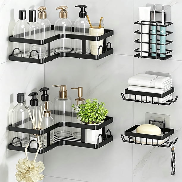 Organizador de Ducha de Esquina 5 Piezas Sin Taladro - Estante de Baño Inoxidable con Adhesivos Ultra Fuertes, Gran Capacidad para Baño/Cocina (Negro)