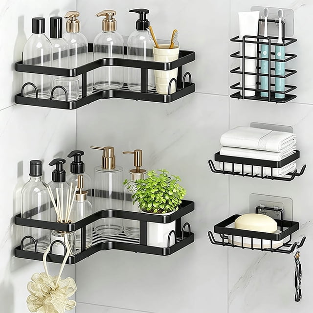 Organizador de Ducha de Esquina 5 Piezas Sin Taladro - Estante de Baño Inoxidable con Adhesivos Ultra Fuertes, Gran Capacidad para Baño/Cocina (Negro)
