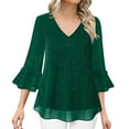 thumbnail image 2 of CheerKidz Women Ruffled Glitter 3/4 Sleeve Elegant Collar Double Layer Mesh Blouse Party Wear Comfortable Lightweight Fashionable Trendy Womens Tops(Green,XL), 2 of 5