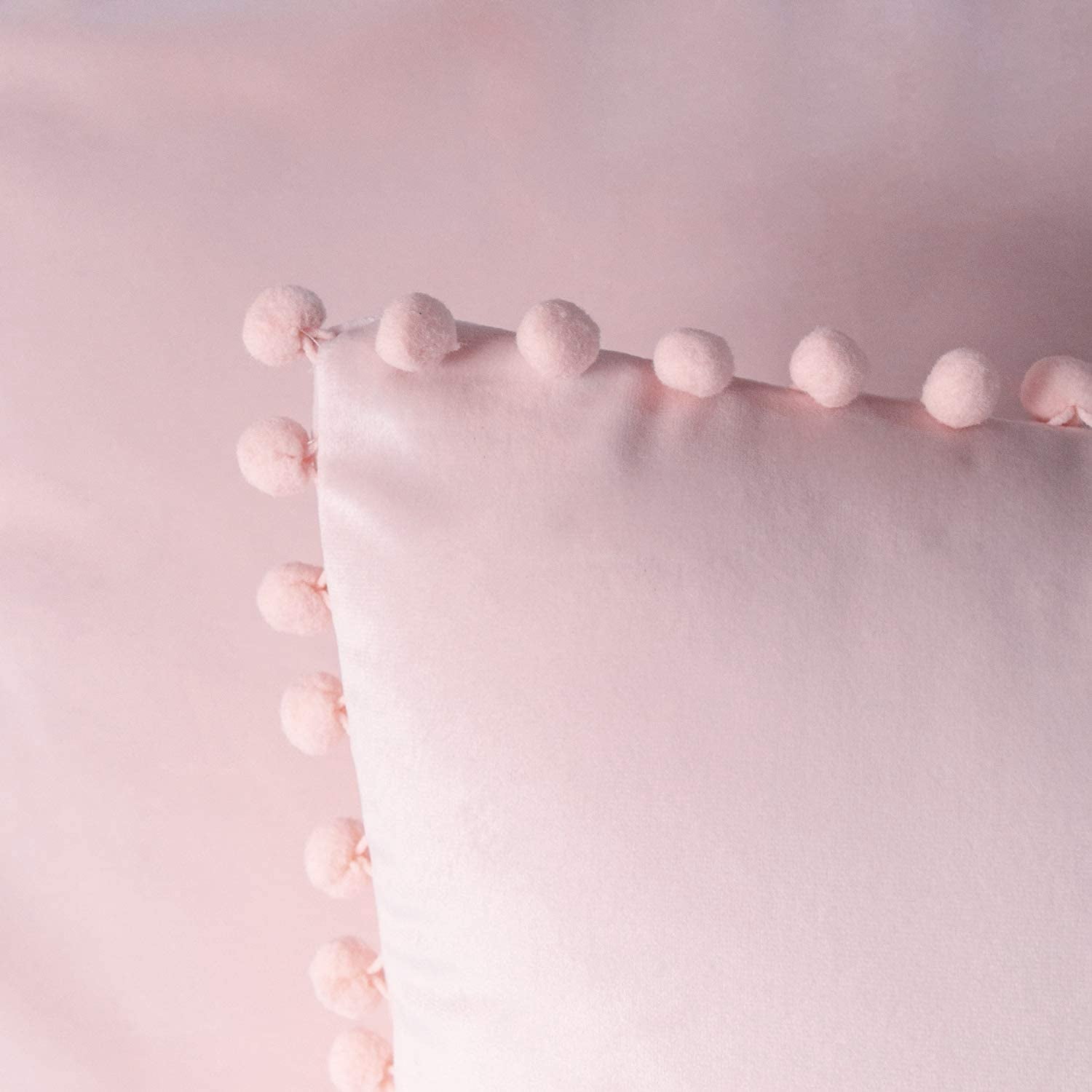 Ashler Decorative Soft Velvet Throw Pillow Cushion Covers with Pom Poms Particles Solid for Couch Bedroom Car, Light Pink, 18 X 18 ,Packs of 2
