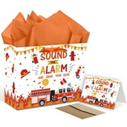RTMISA Firetruck Gift PresNok Bag with Tissue Paper and Card with Envolope, Firefighter Fire Truck Themed Gifts Wrapping Bag for Birthday Baby Shower Party Decorations Supplies