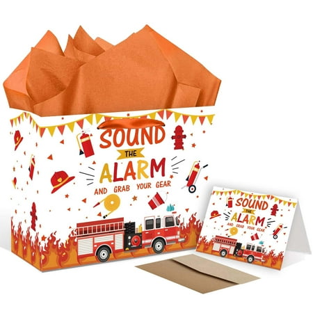 RTMISA Firetruck Gift PresNok Bag with Tissue Paper and Card with Envolope, Firefighter Fire Truck Themed Gifts Wrapping Bag for Birthday Baby Shower Party Decorations Supplies
