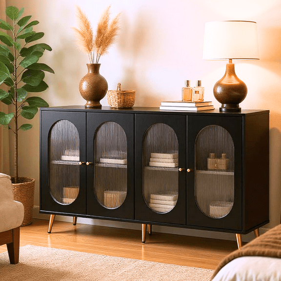 Homy Casa Modern Storage Cabinet with Glass Doors, for Dining Room, Kitchen, Living Room,Black