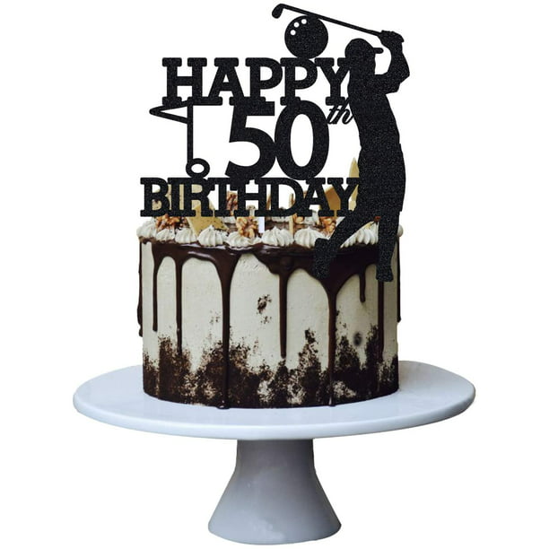 Golf 50th Birthday Cake Topper for Man Sports Theme Decoration , Funny 50  Year Fabulous and Happy Fifty Party , Handmade (Black） 