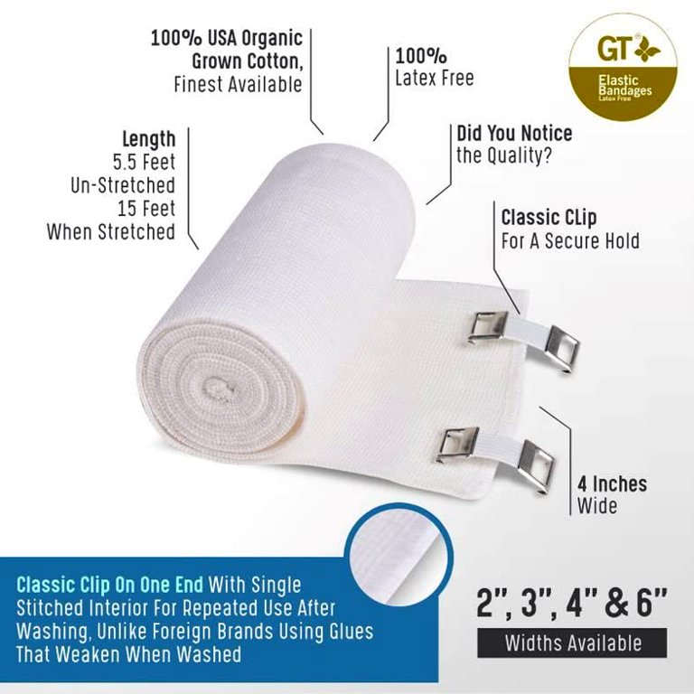 Premium Elastic Bandage Wrap (6 Wide, 6 Pack) - Made of USA Grown Organic  Soft Woven Cotton - Metal Clip Fasteners - GT Latex Free Hypoallergenic  Compression Roll for Sprains & Injuries (White) 