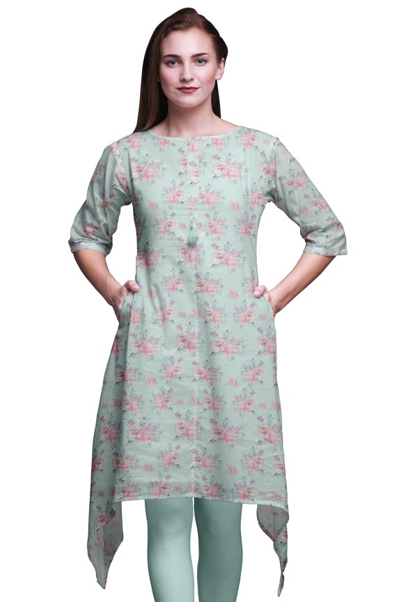 Green Rose & Ranunculus Floral Printed Asymmetrical Kurti Tops For Women Indian Summer Dress Tunic XX-Large
