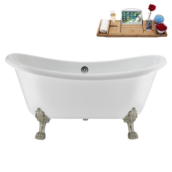 59" Streamline N4880BNK-CH Soaking Clawfoot Tub and Tray With External Drain in Polished Chrome and Brushed Nickel Clawfeet