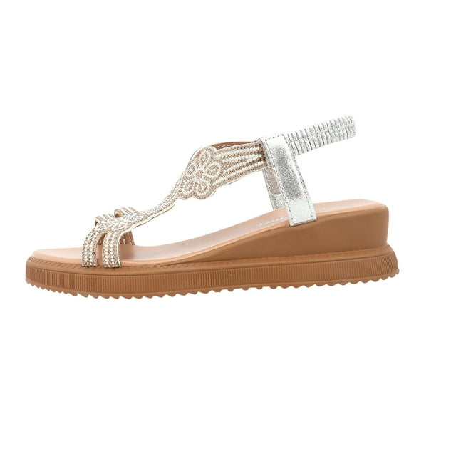 Wedge Sandals for Womens Low Heel Elastic Open Toe Rhinestone Straps Thick Soft Sole Non Slip Summer Roman Sandals Silver