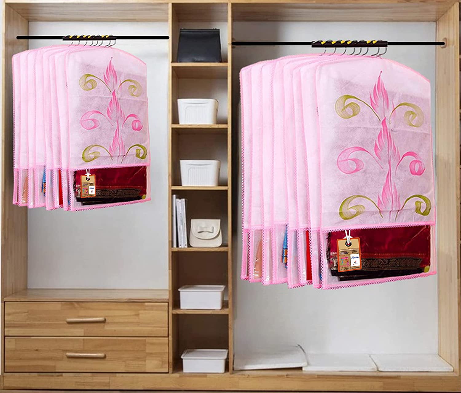 atorakushon Nonwoven 25'' Hanging Garment Suit Bags Storage Clothes Cover with Clear Window for Tuxedos Shirts Saree Pack of 24 Printed color