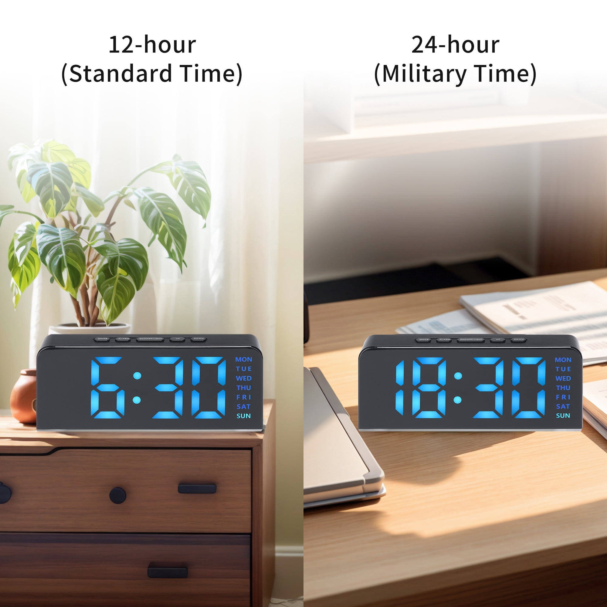 Unique Bargains 2 Pcs Digital Dual Alarm Clock for Bedroom Black Green