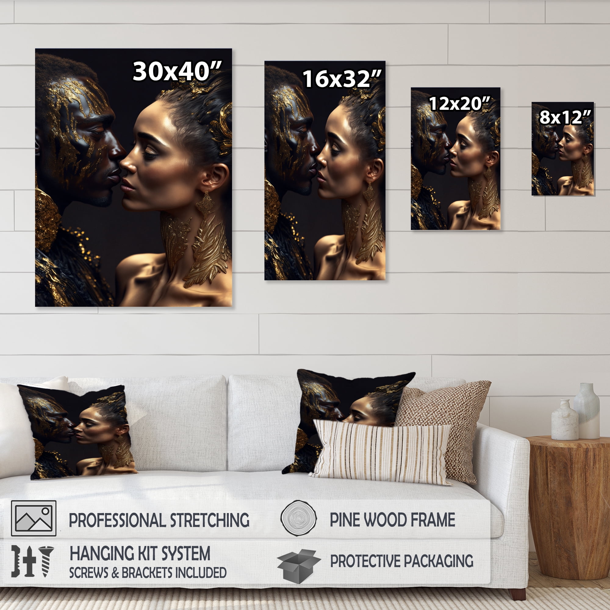 Designart Gold African Amercian Couple Kissing Canvas Wall Art