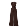 thumbnail image 3 of Ohufall Womens Set Turndown Collar Button Short Sleeve Top with Solid Straight Leg Pant Two Pieces Sets, 3 of 7