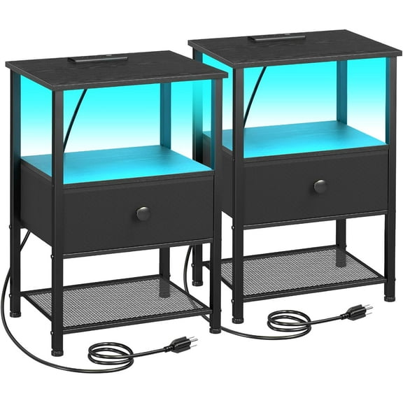 Bedside table set of 2, living room side table with fabric drawers, small bedroom side table, black