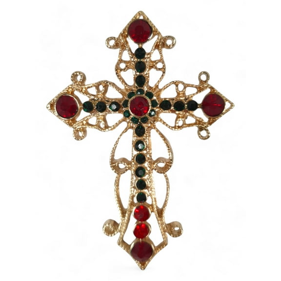 Green Red Rhinestone Ornate Christmas Cross Pin Brooch Gols Tone 2 1/2"