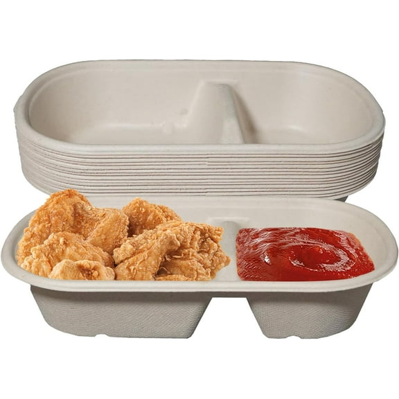 29oz Disposable Bowls - 2 Compartment Rectangular Compostable Sugarcane Fiber Biodegradable Paper Bowls Eco-Friendly Oblong Take Out Food Containers, Food Storage, Microwave Safe, Meal (500 PACK)