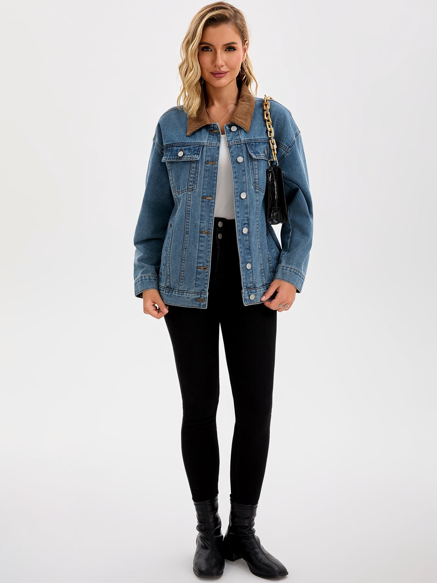DARING DIVA Women's Button Down Corduroy Collar Long Sleeve Shacket XL Gray Blue