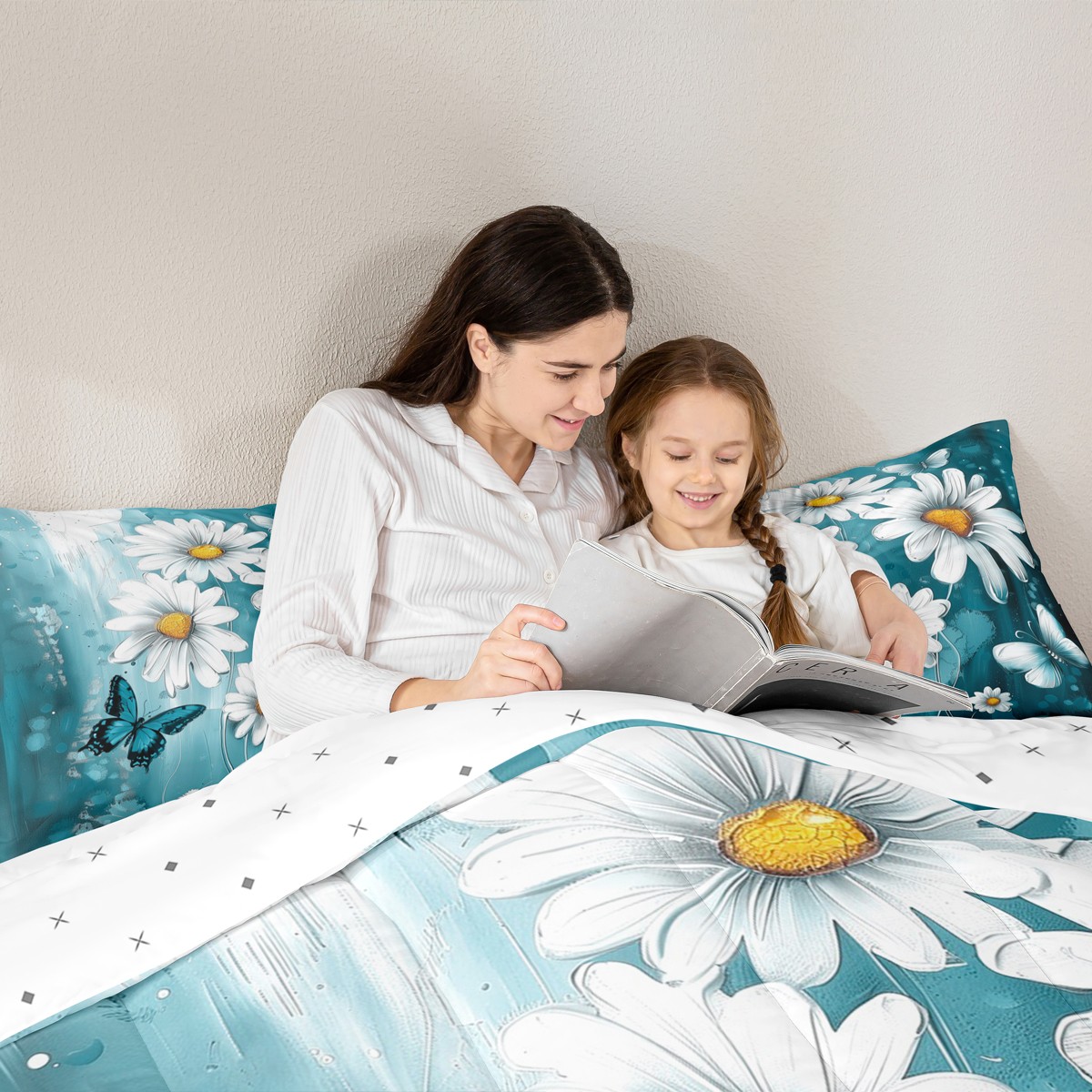 Homewish Blue Country Butterfly 7 Pieces Bedding Comforter Set,Oil Painting Daisy Full Bedding Set,Modern Aesthetic Artistic Fitted Sheet Flat Sheet For Kids,Ultra Soft Home Decor Reversible