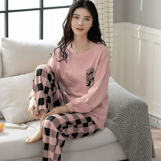 Pijamas de mujer de primavera y otoño de algodón de manga larga pantalones largos de otoño e invierno de algodón para uso exterior ropa informal para el hogar