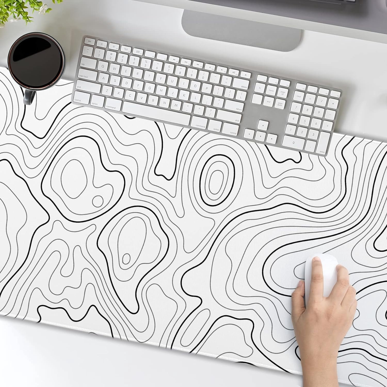 White Topographic Contour Gaming Mouse Pad 35.4 X 15.7 Inch XXL Geographic Map Lines Full Des Mousepad Extended Large Non-Slip Rubber Base Keyboard Mat with Stitched Edges for Home Office