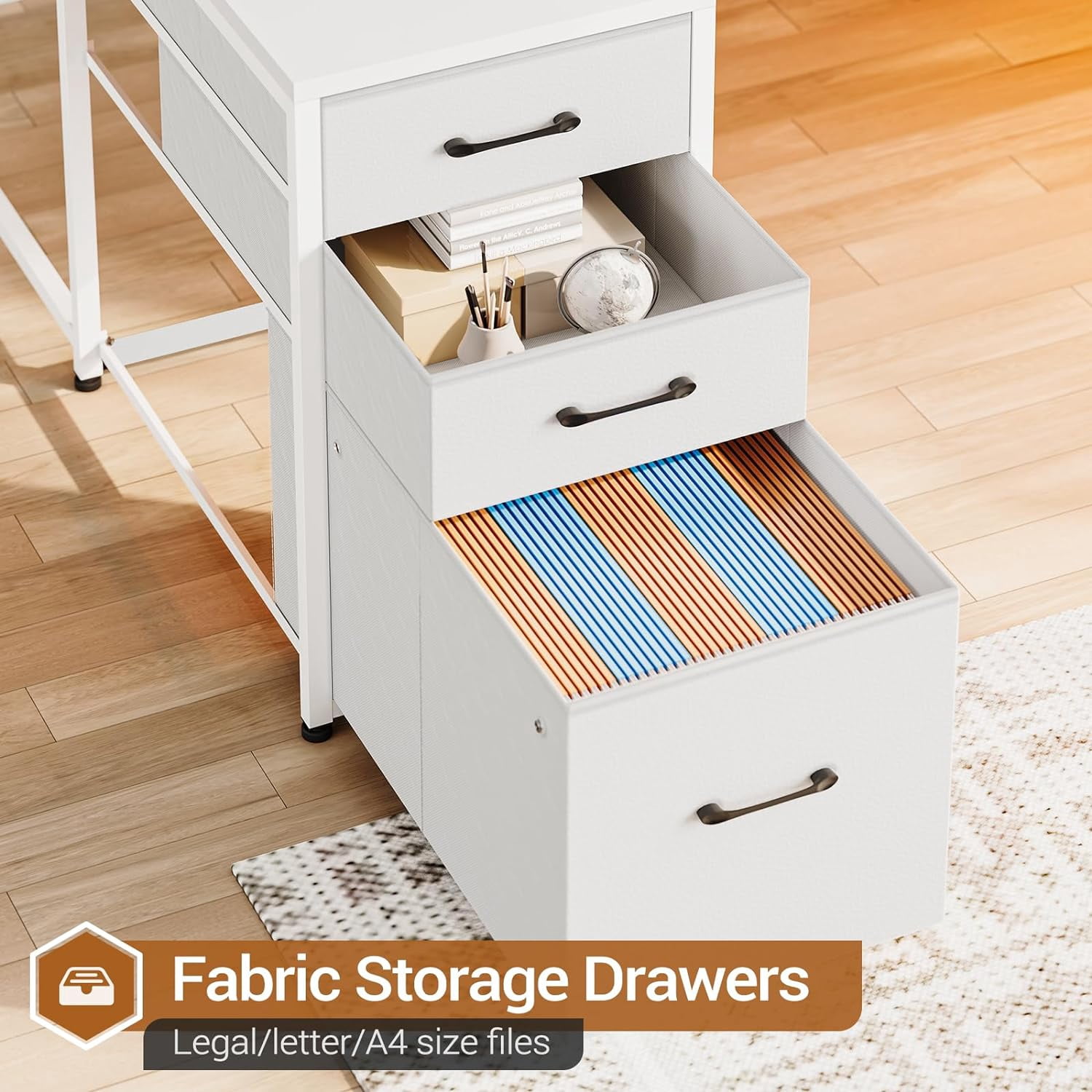 White 64.5" Reversible Office Desk with Fabric File Drawer, Computer Desk with Storage Bookshelf and Drawers, Corner Computer Desk with Power Outlet & LED Strip