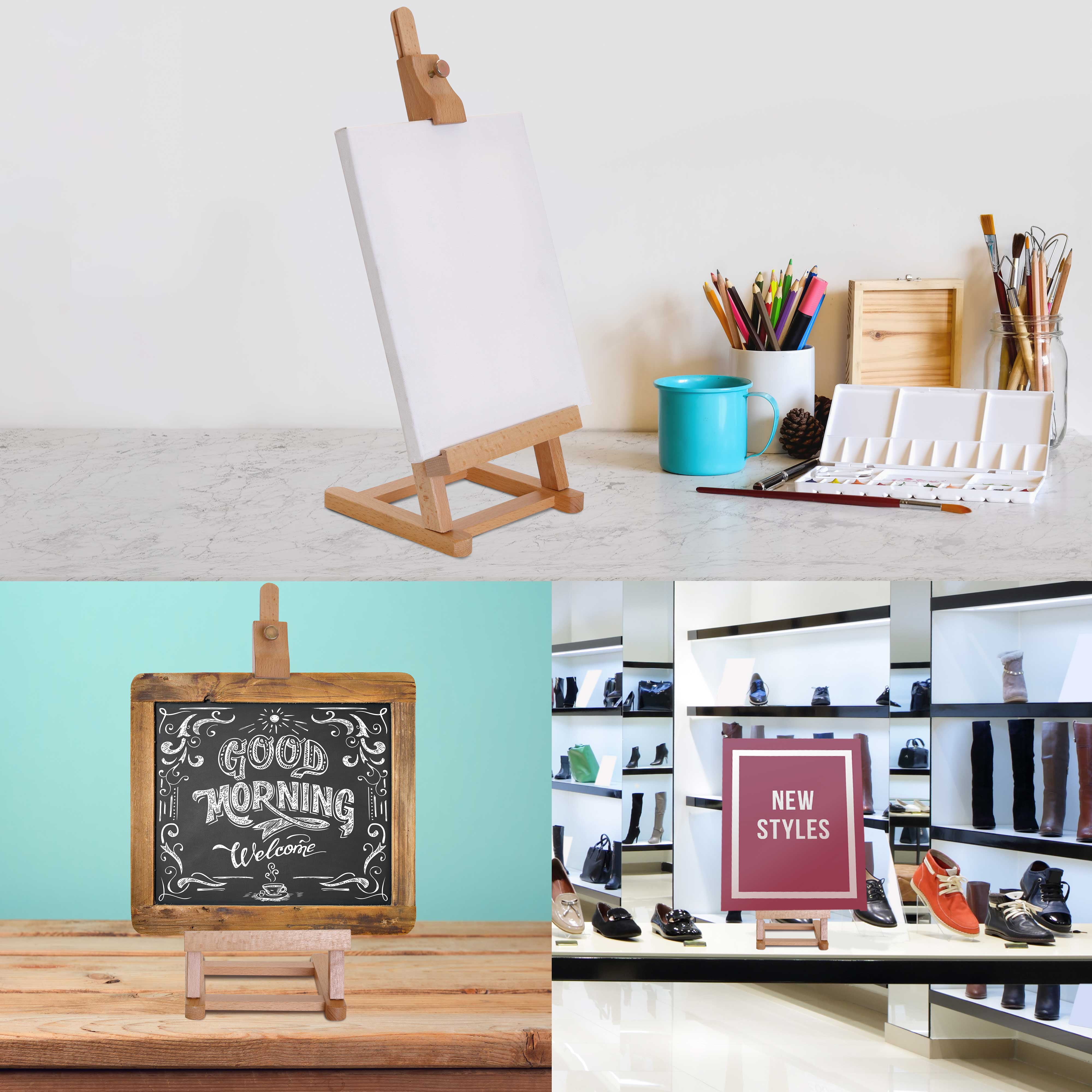 Tabletop Easel with Canvas Set, 7 Pack 16 x 9 Inches Wooden Easels and 12 x  9.5 Inches Canvases