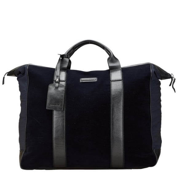 Pre-Owned Emporio Armani Logo Boston Bag Navy Black Polyester Nylon Leather Women's
