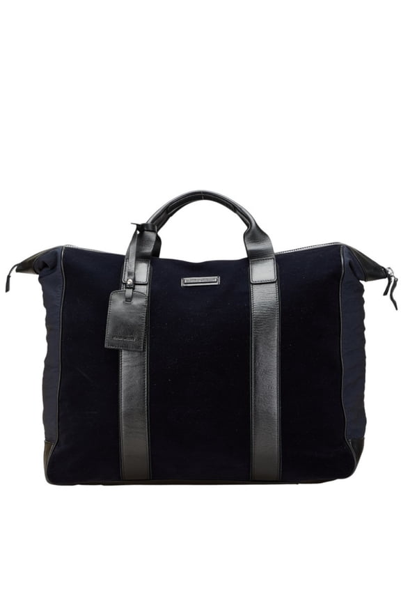 Pre-Owned Emporio Armani Logo Boston Bag Navy Black Polyester Nylon Leather Women's