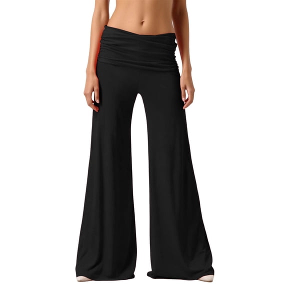 Fold Over Yoga Pants Trend Solid Wide Leg Loose Fit Lounge Pants with Ruched Waist for Yoga Sports Palazzo
