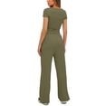thumbnail image 3 of Two Piece Sets for Women Summer Casual Outfit Sets Solid Color Button Down Round Neck Short Sleeve Tops and Drawstring Wide Leg Pants with Pocket Sets Relaxed Vacation Wear, 3 of 8