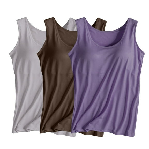 3 Packs Wdfiry Summer Women's Slim-Fit Tank Tops with Built in Bra Scoop Neck Casual Sleeveless Shirts