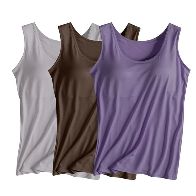 3 Paquets Cameland Débardeurs d'Été pour Femmes Coupe Ajustée avec Soutien-Gorge Intégré Col Rond Chandails Sans Manches Décontractés