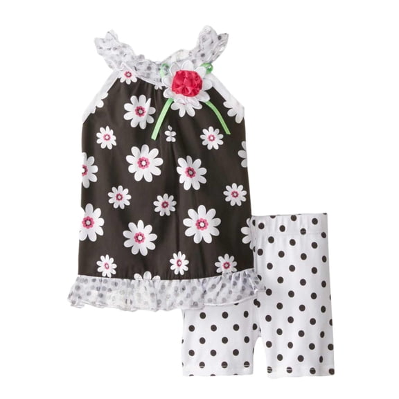 Wonder Kids Infant Girls Black Daisy Flower Shirt Polka Dot Shorts Outfit 12m