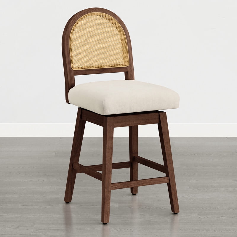 Spruce & Spring 25" Counter Height Swivel Bar Stools Set of 2 with Handmade Rattan Back and Upholstered Seats for Kitchen Island, Walnut
